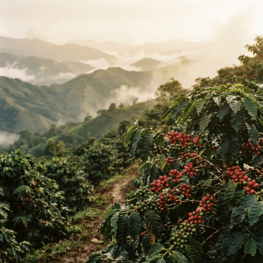 Cafetales con cerezas rojas maduras en las montañas de Pueblorrico entre la niebla