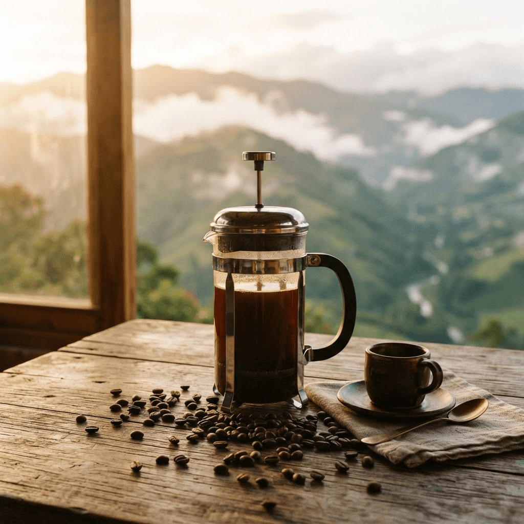 Prensa francesa con café recién preparado de Pueblorrico sobre una mesa de madera con montañas al fondo